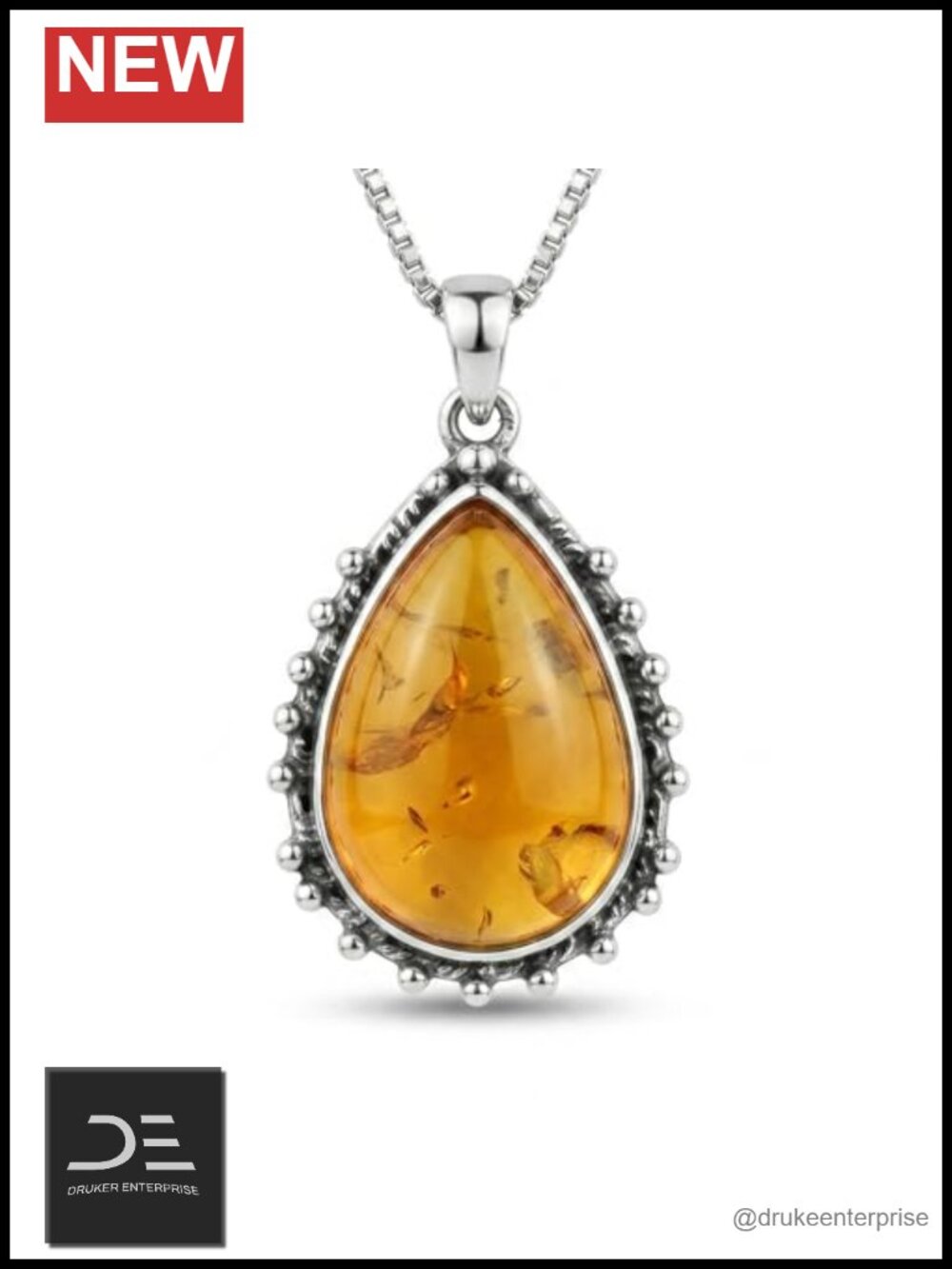 Vintage Natural Baltic Amber Pendant Necklace 925 Sterling Silver Pear Boho